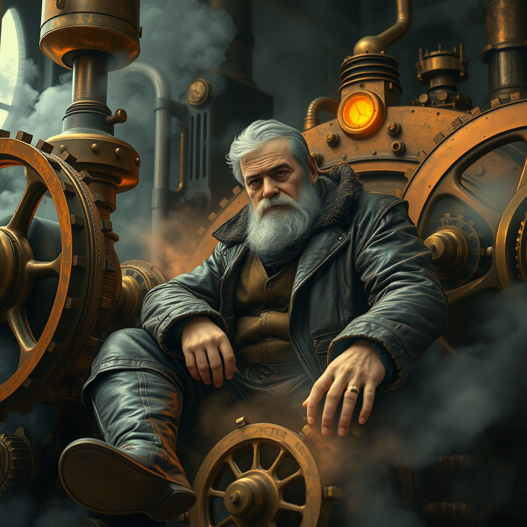 Steampunk Inventor's Revelation: Copper Engine in Noir Style
