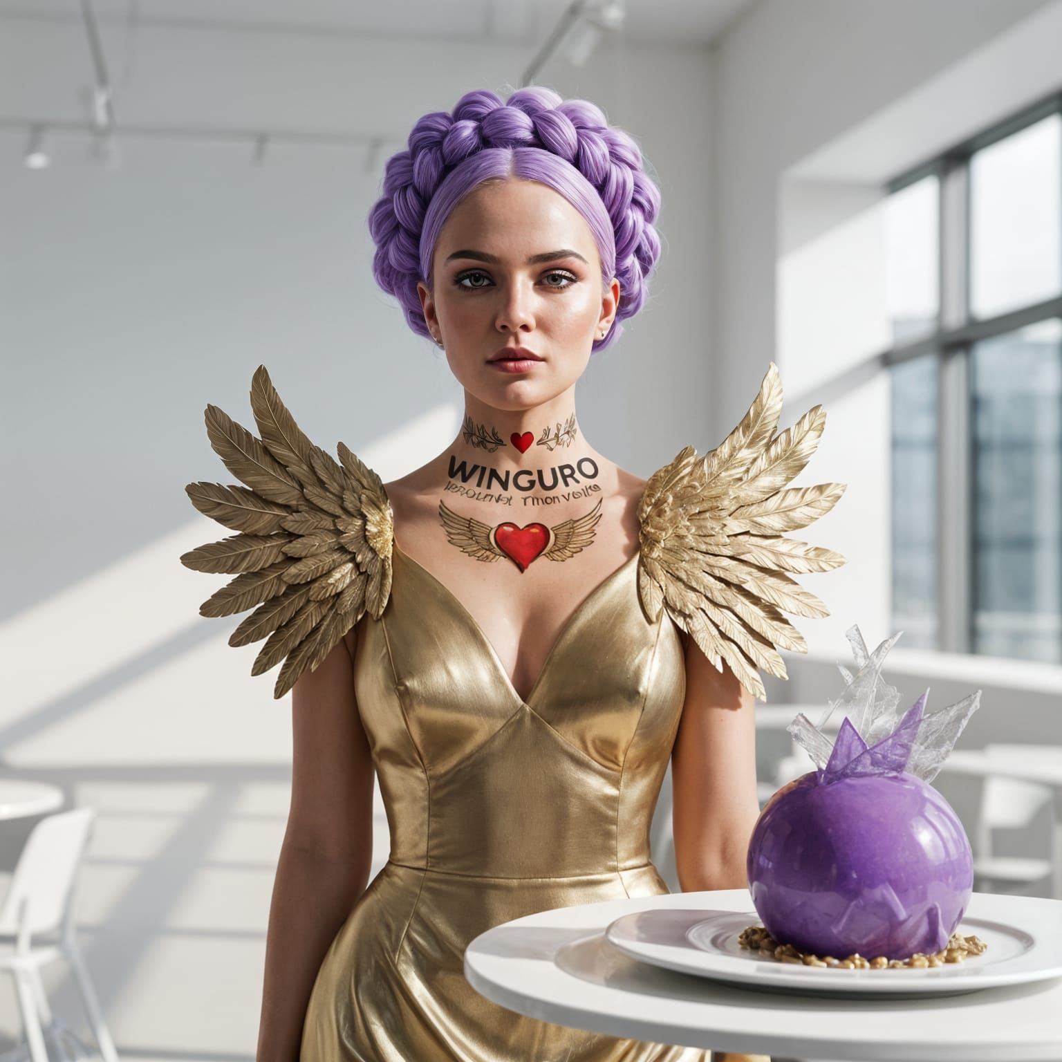 Glamorous Winged Woman with Violet Dessert