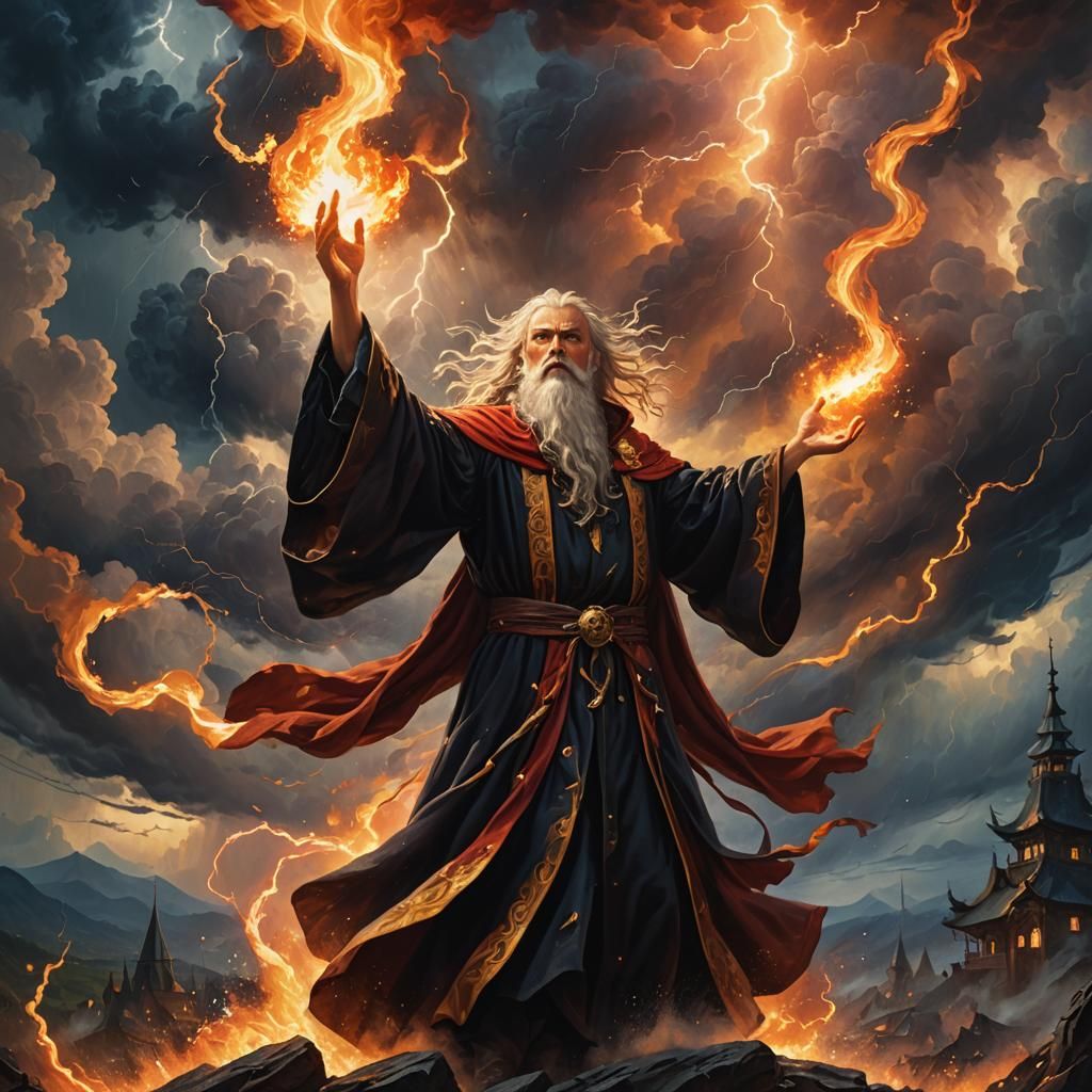 Wizard in Thunderstorm with Fiery Blaze: Oil Painting