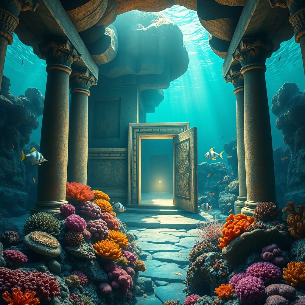 Sunken Temple Hall with Glowing Chamber, Underwater Scene