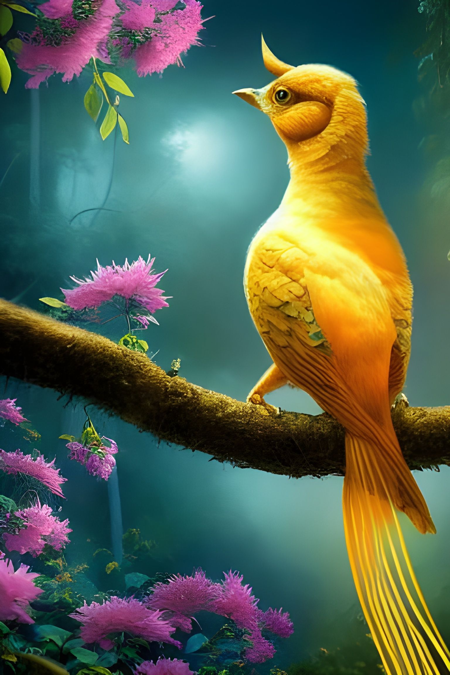 Enchanted Forest Bird with Golden Ribbons