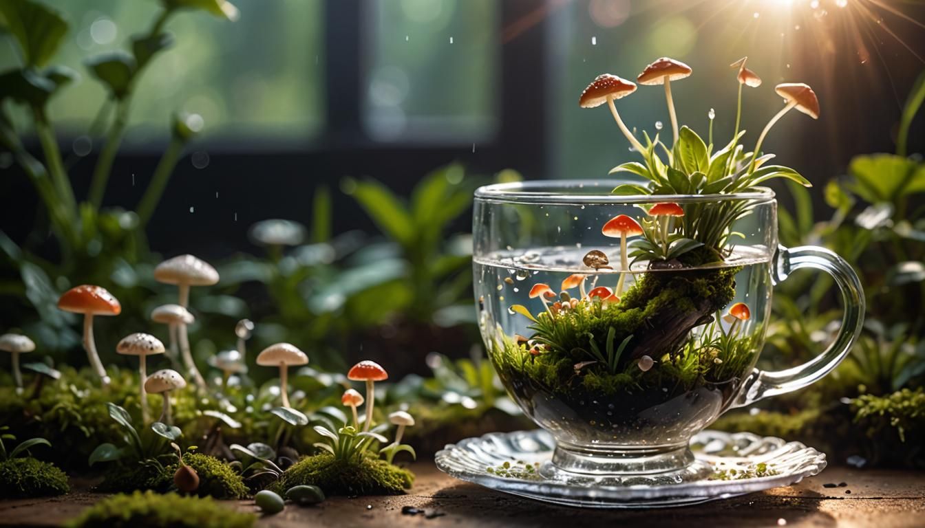 Miniature Ecosystem Inside Glass Teacup: Macro Photography