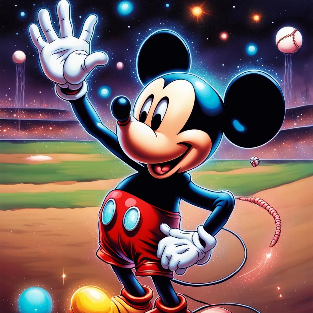 Mickey Mouse Plays Cosmic Baseball in Glitterpunk Style