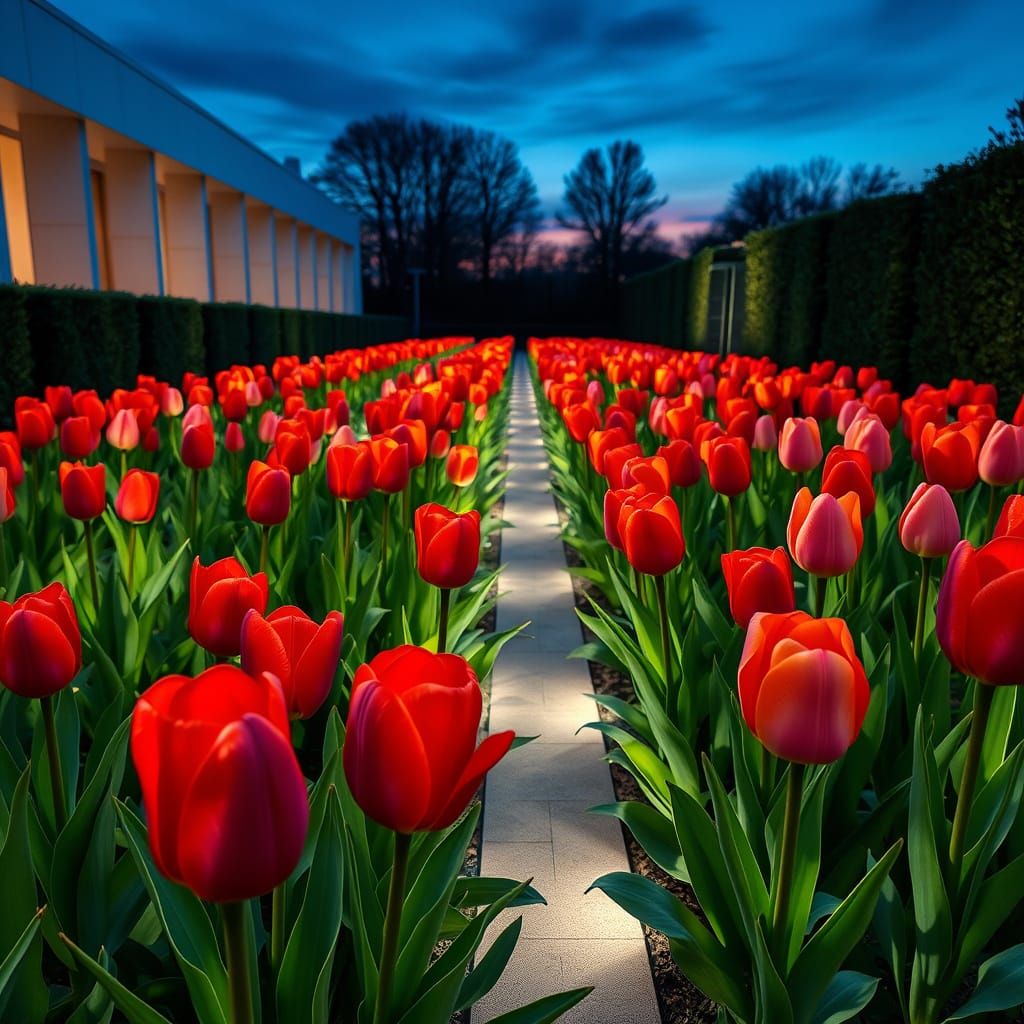 Vibrant Tulips in Modern Garden at Twilight