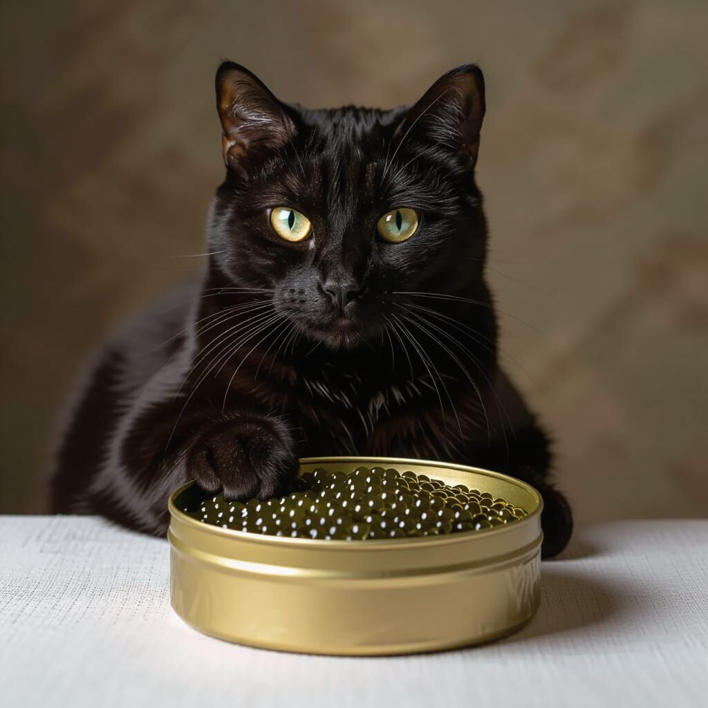 Black Cat Guarding Caviar Can in Cinematic Style