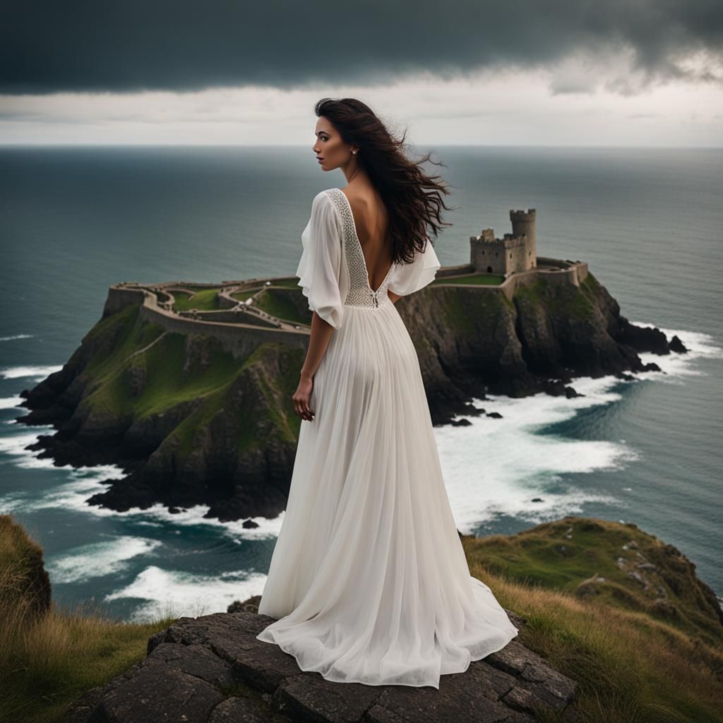 Brunette Girl on Cliff Overlooking Stormy Ocean