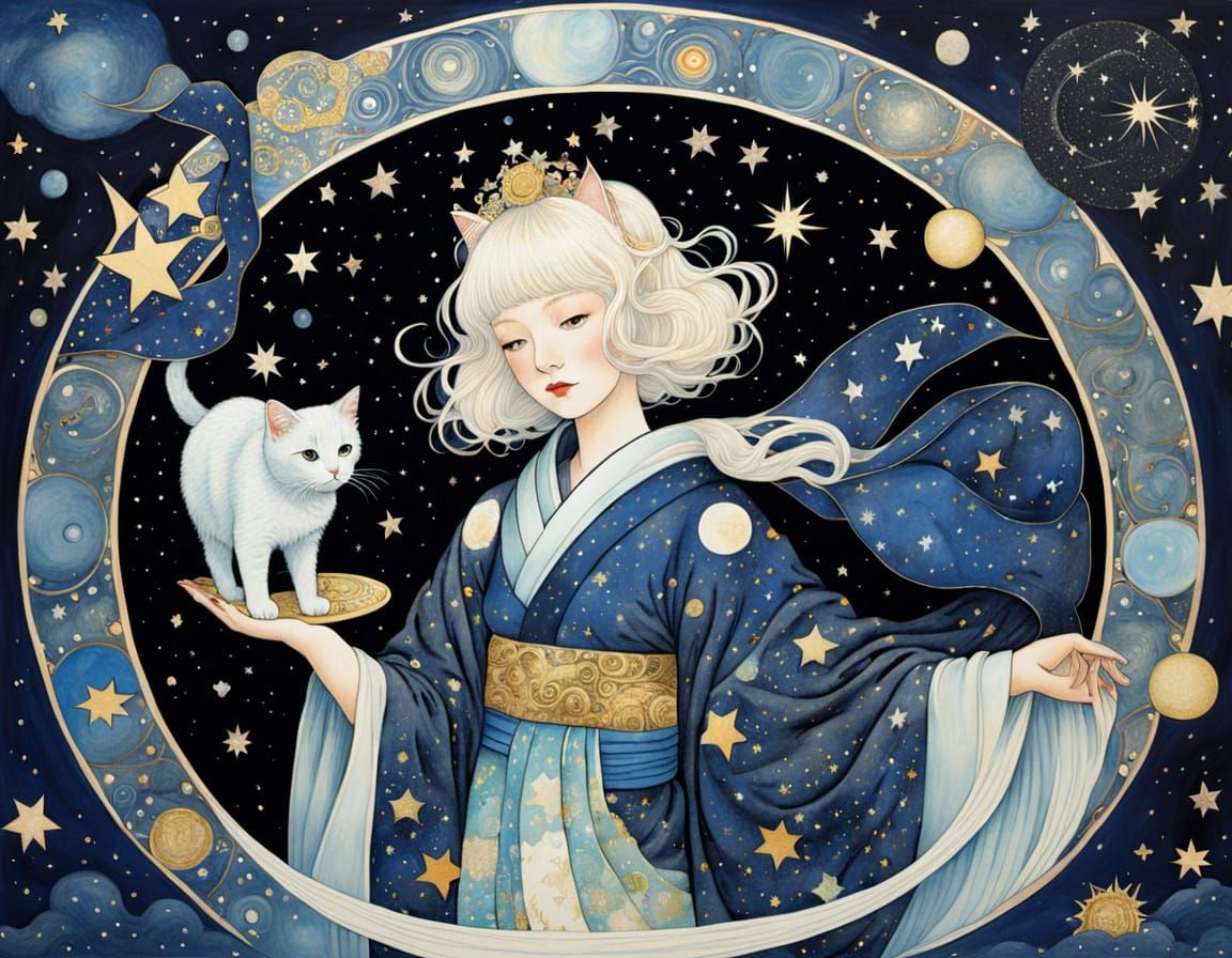 Celestial Goddess Offers Star to Cat, Art Nouveau Style