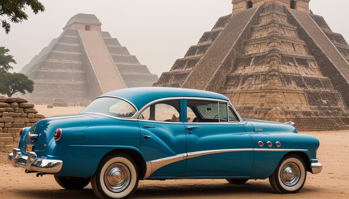 1953 Buick next to Mayan pyramids on a hazy day