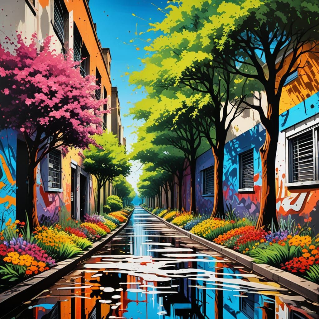 Vibrant Urban Oasis Reborn in Colorful Graffiti Style