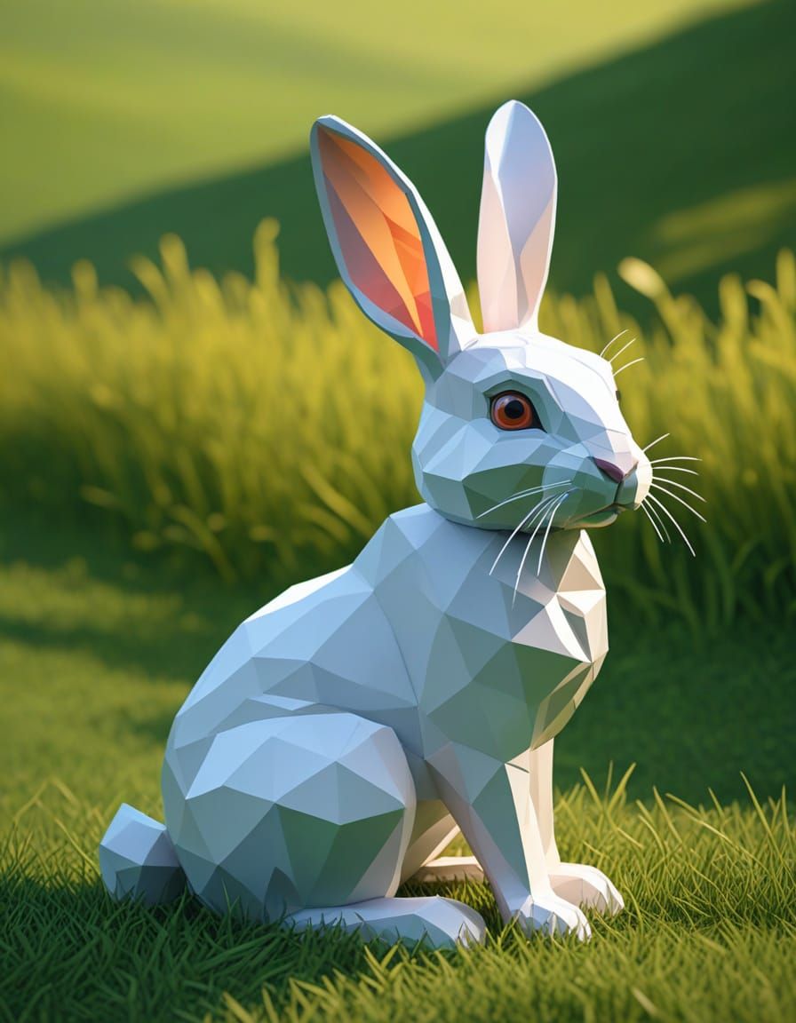 Vibrant Low-Poly Rabbit in a Sunlit Landscape