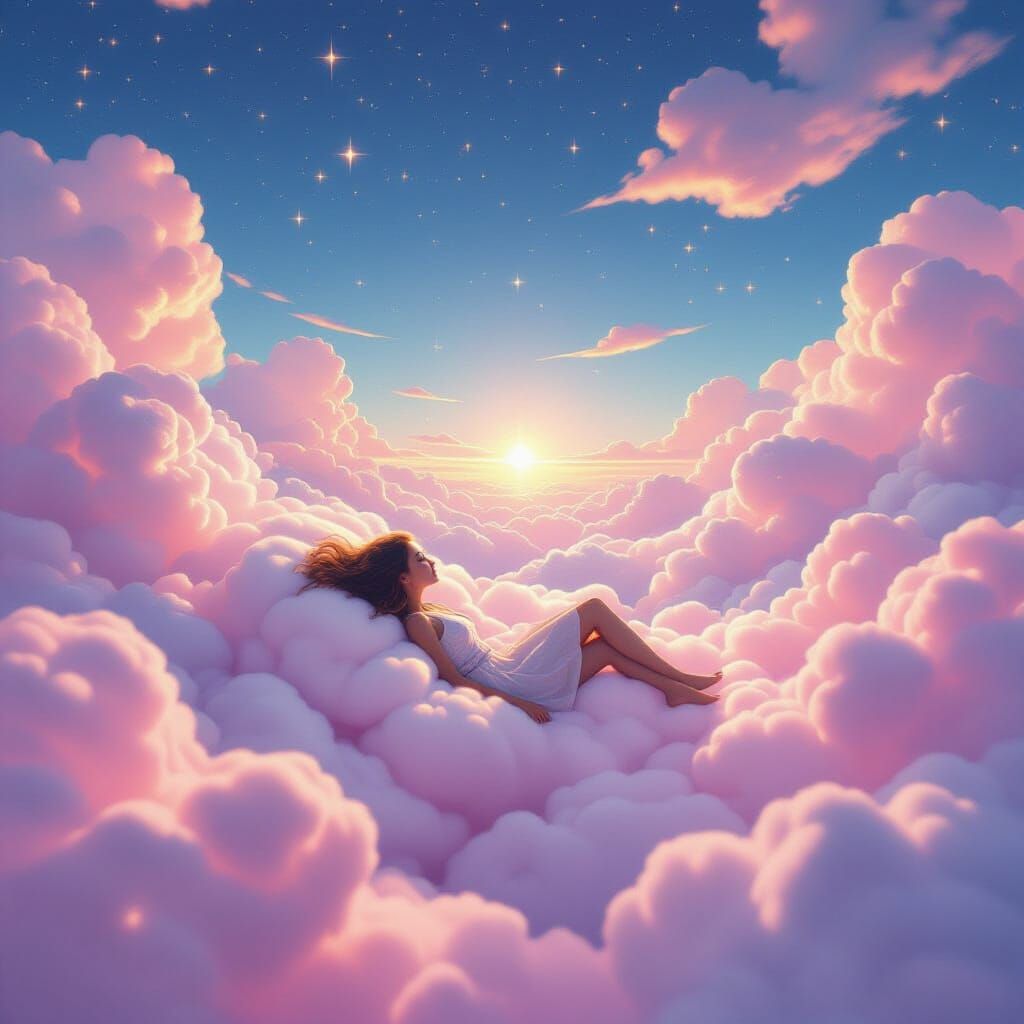 Surreal Dreamscape of Woman Sleeping on Cotton Candy Clouds