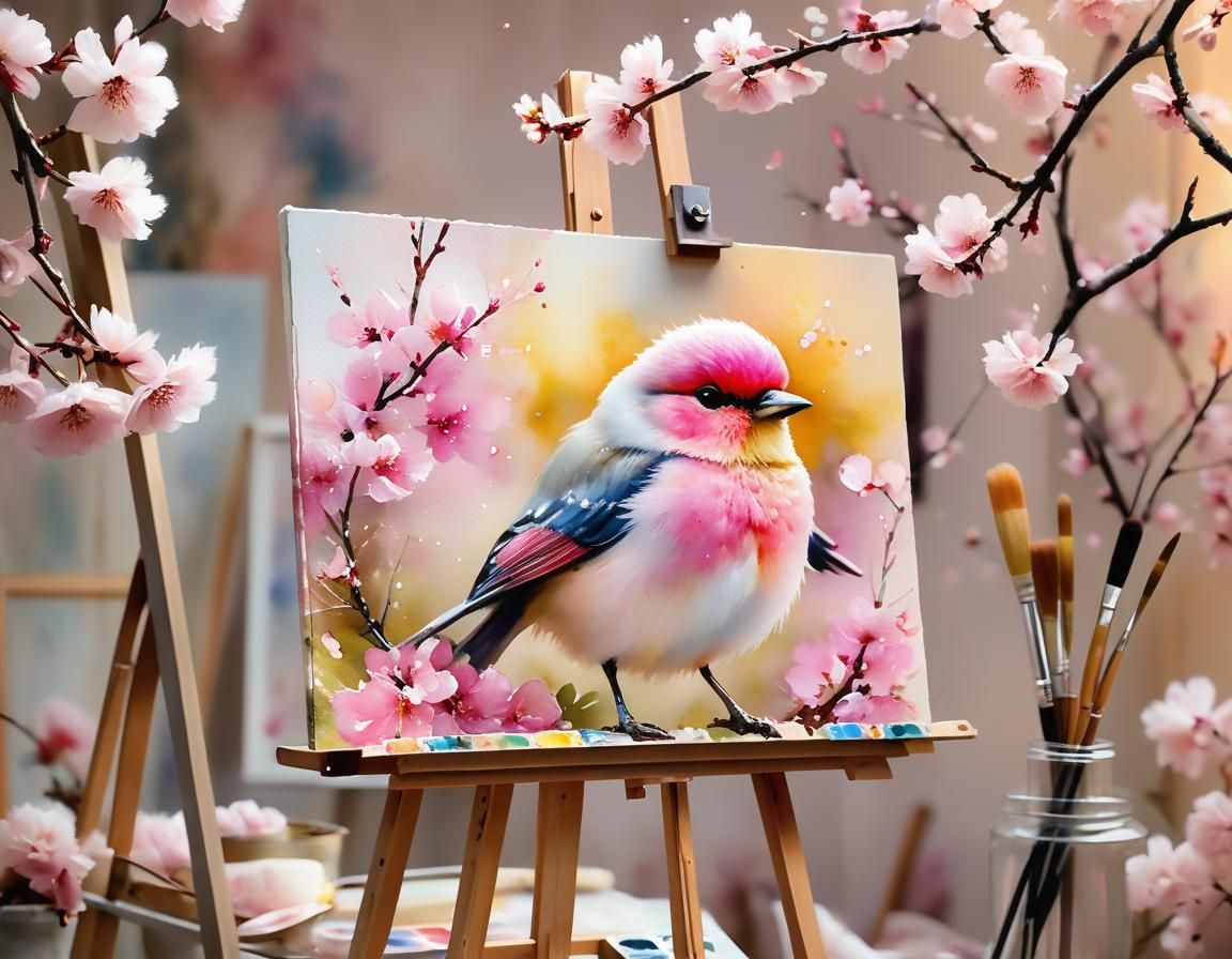 Whimsical Watercolor Pink Bird Paints Sakura Art