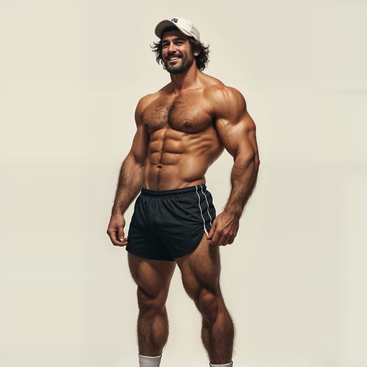 Muscular Man in Running Shorts and Baseball Hat