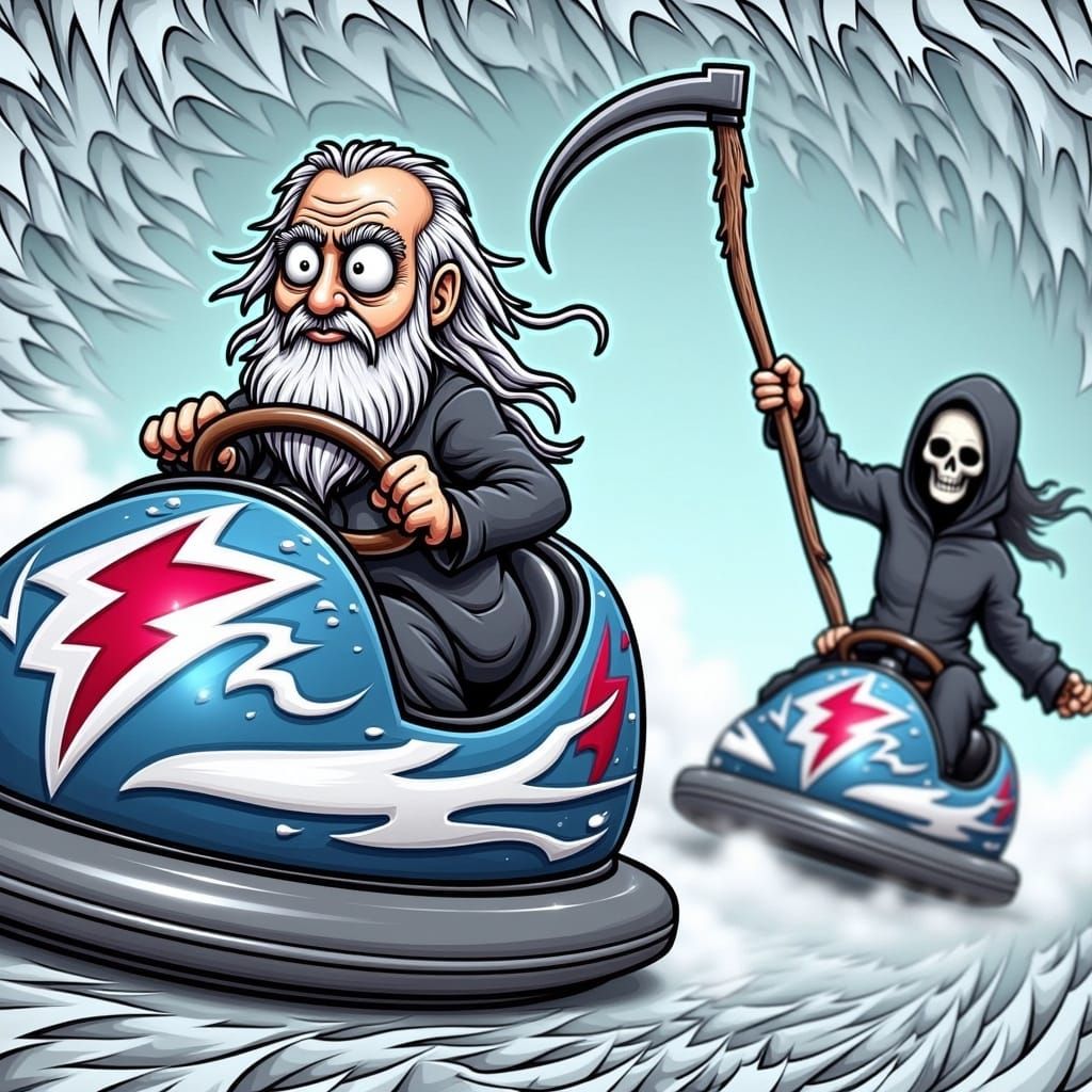 Bumper Car Chase Through Fog, Hyperrealistic