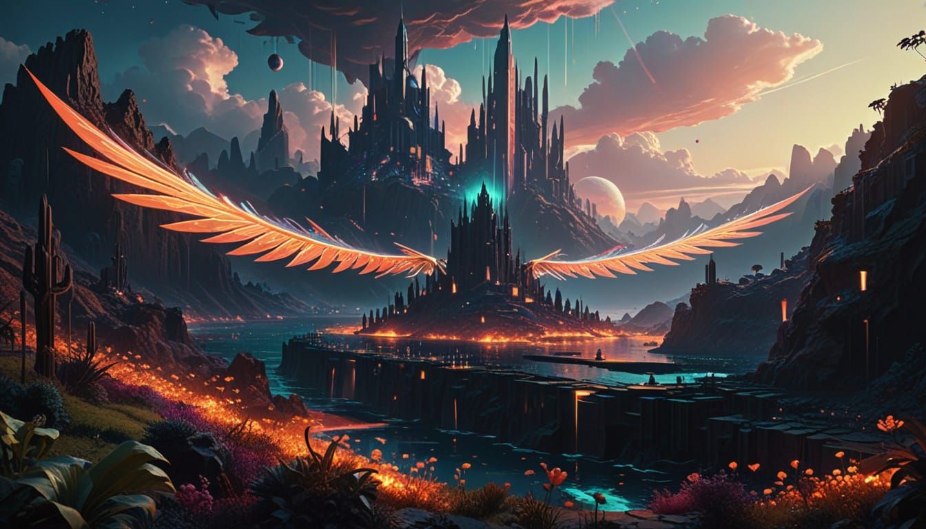 Ethereal City Floating Above Alien Ocean in Geometric Fauvis...