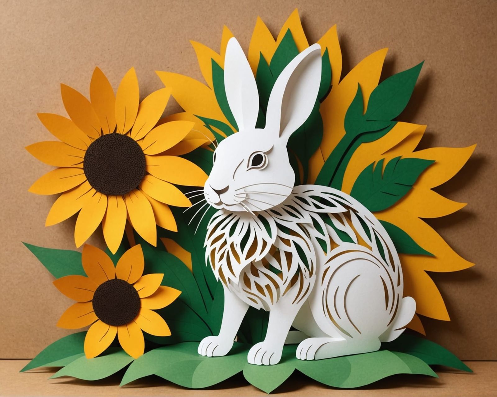 Rabbit and Sunflower Kirigami Paper-Cut Art