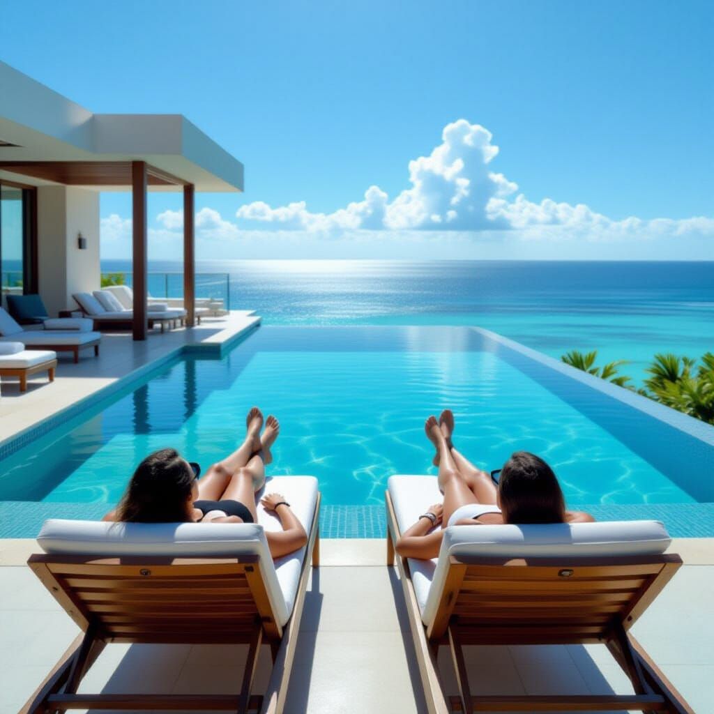 Sunbathers by Infinity Pool: Cinematic Film Still