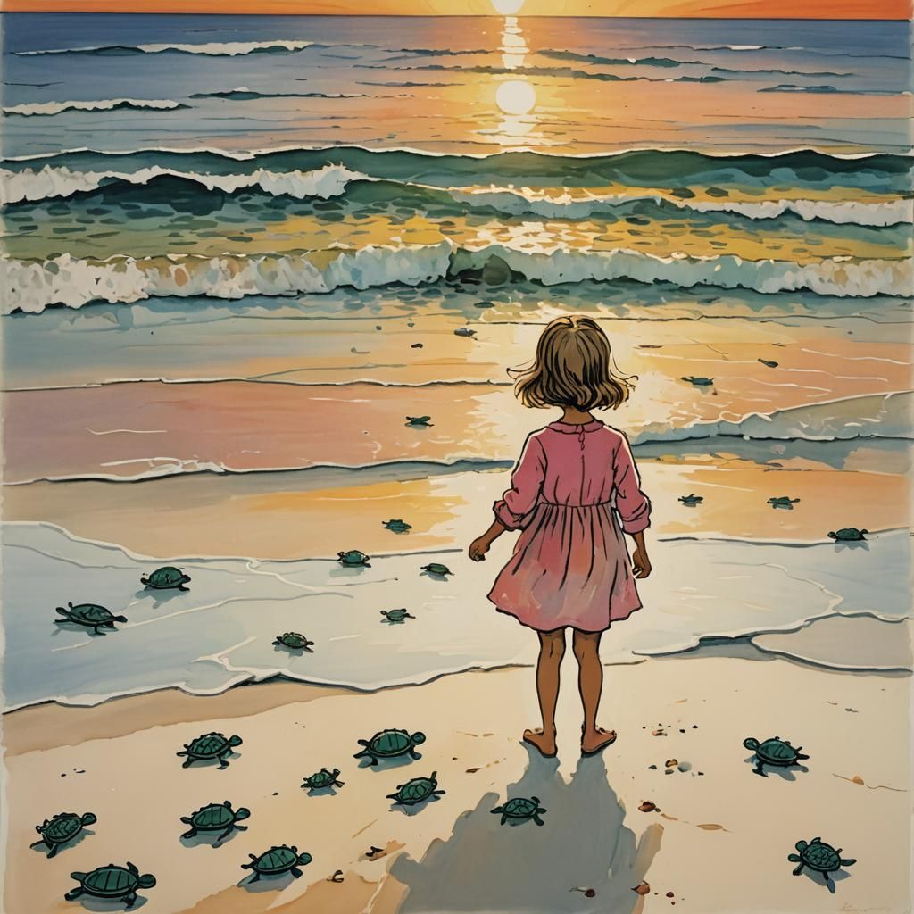 Turtle Release at Sunset: Naive Art Illustration