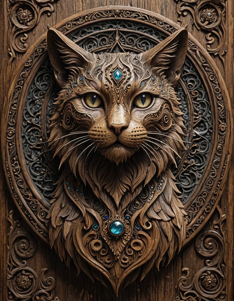 Ethereal Celestial Cat Wood Carving