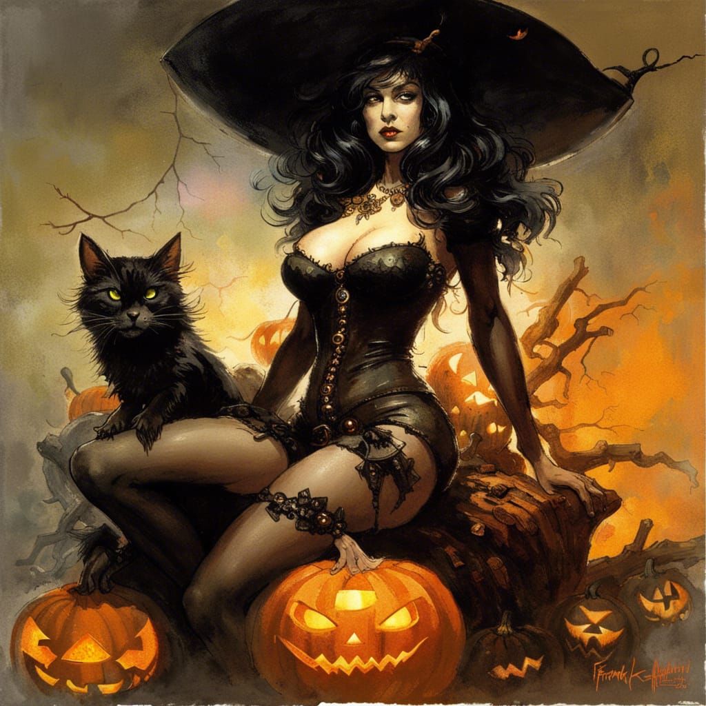 Glamourous Pin-Up Witch with Halloween Pumpkin