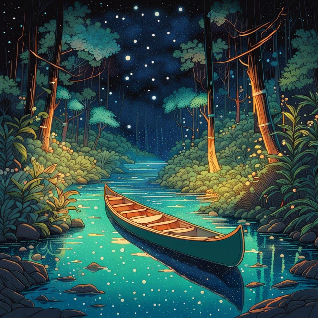 Cozy River Canoe Under Starry Sky