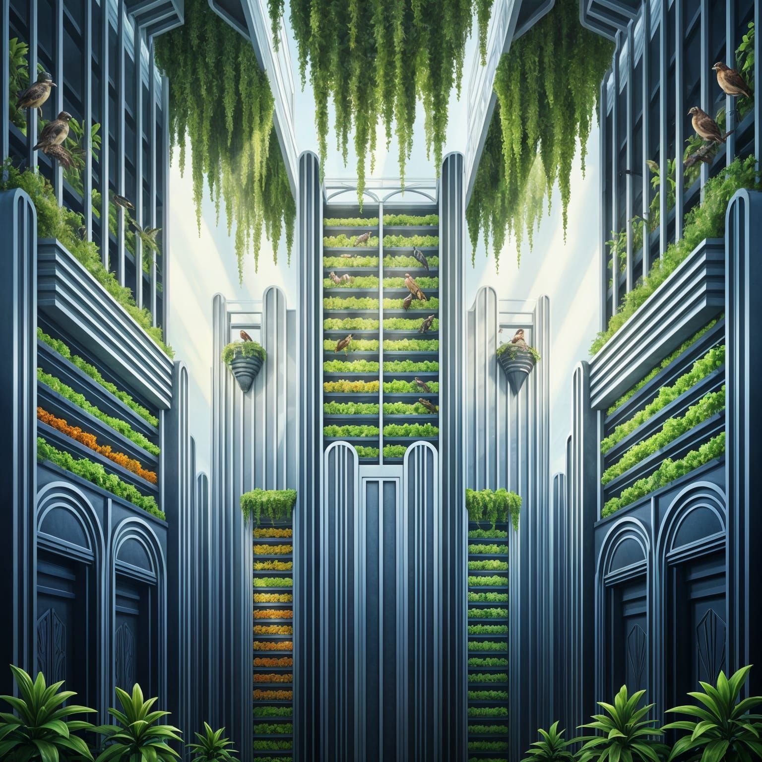 Art Deco Vertical Farm: Greenery & Wildlife Oasis