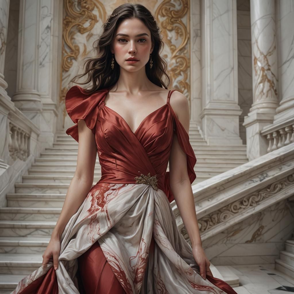 Hyperrealistic Woman in Flowing Red Gown Portrait