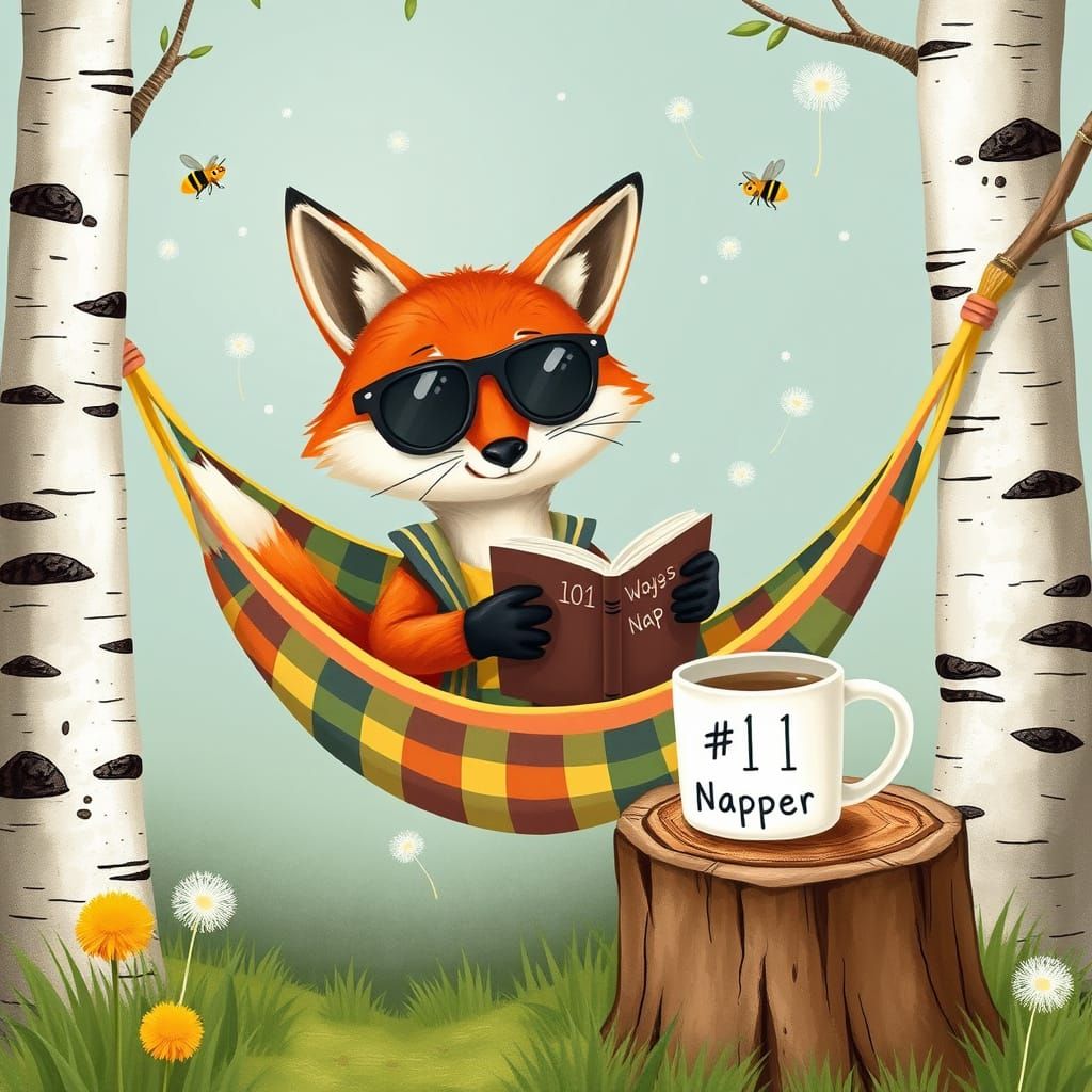 Fox Lounging in Hammock, Whimsical Forest Scene