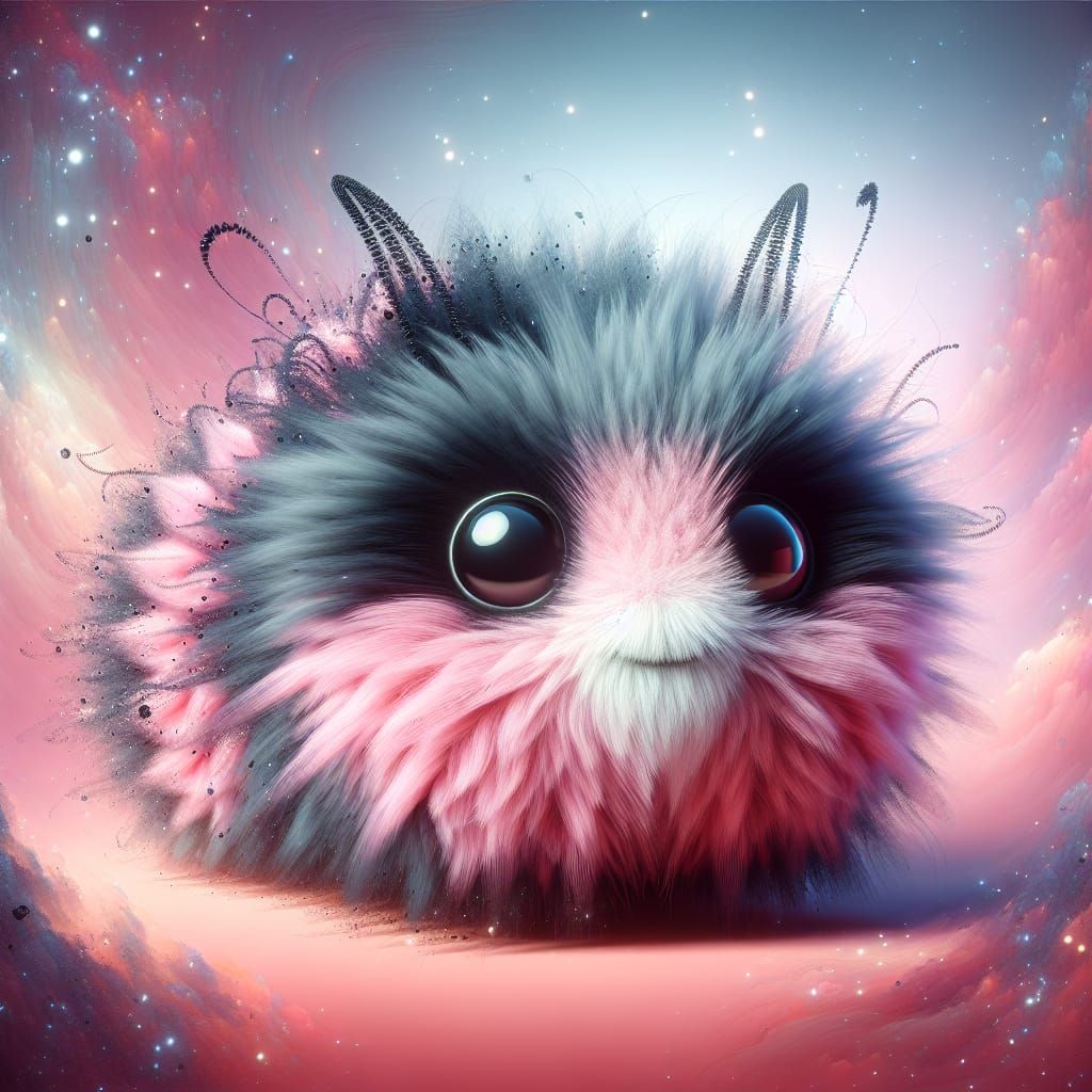 a surreal portrait of a cute fuzzy caterpillar with pink, bl...