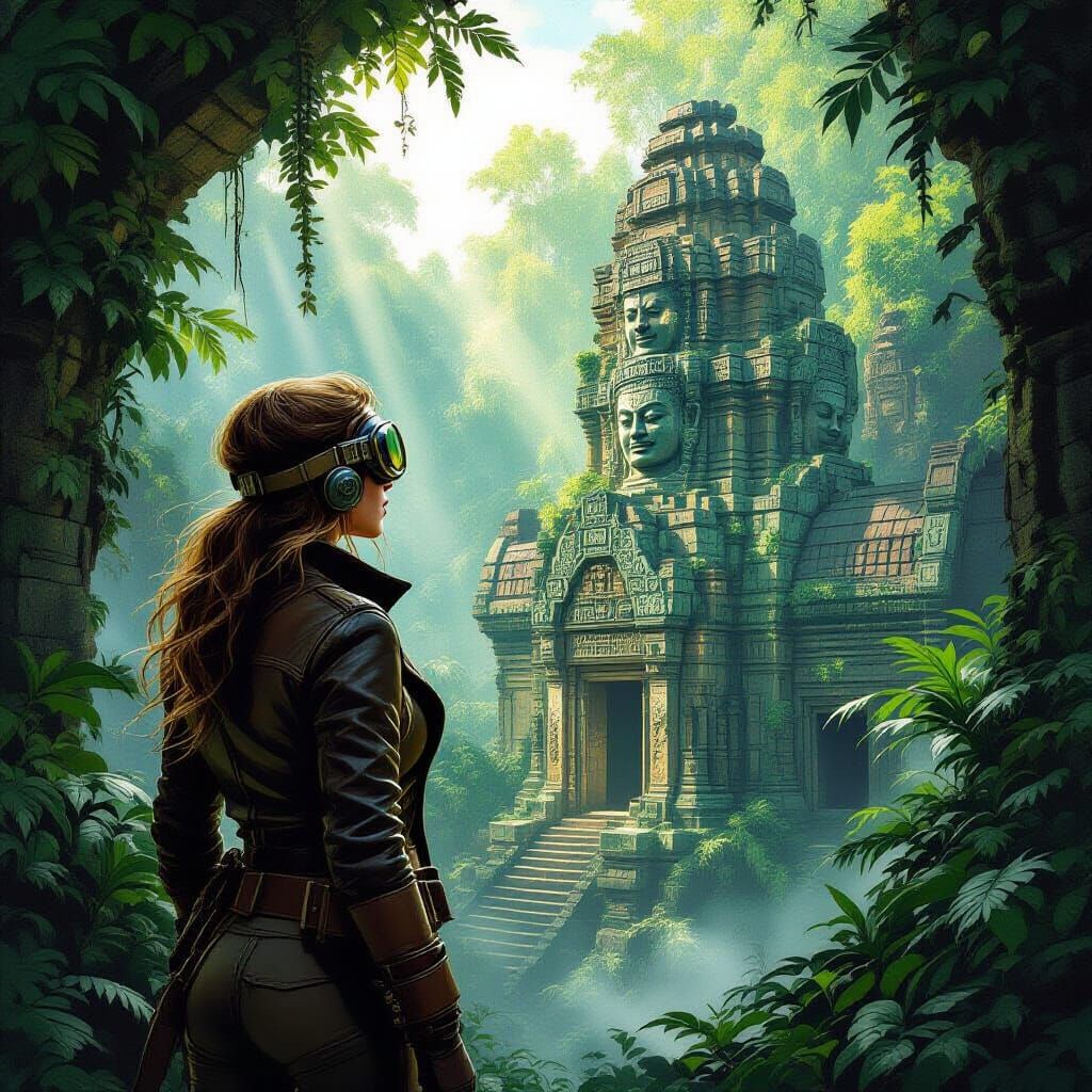 Female Explorer at Ancient Jungle Ruins, Pulp Art Style