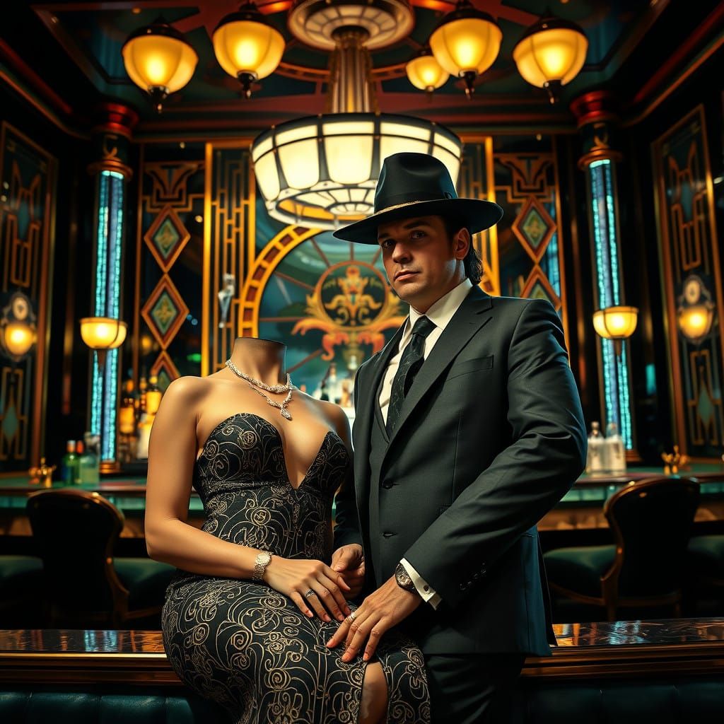 Glamorous Art Deco Couple Pose in Futuristic Nightclub