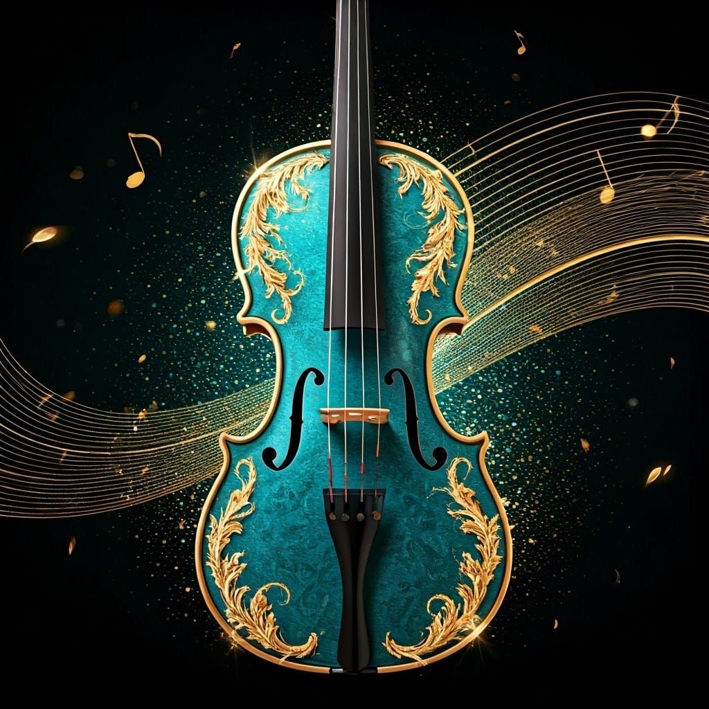 Glowing Violin in Deep Turquoise with Gold Accents