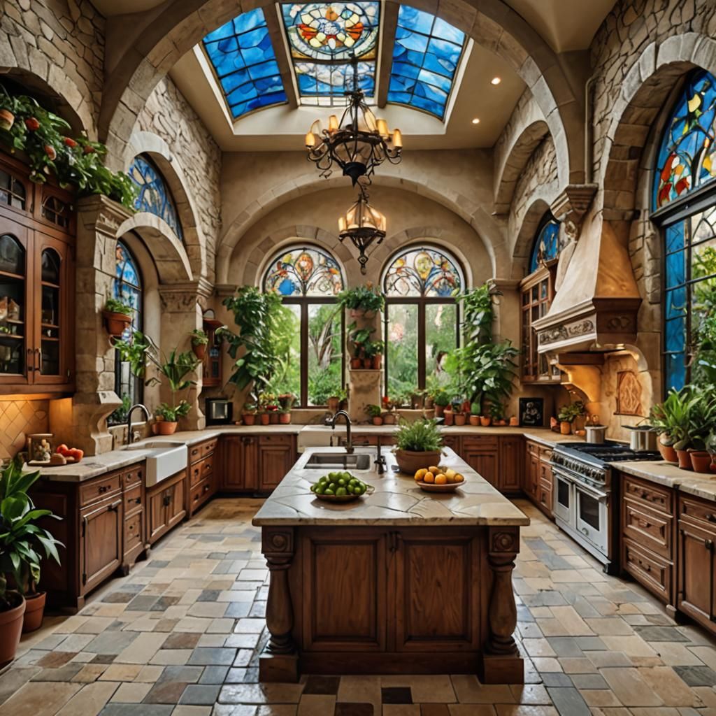 Renaissance Fantasy Kitchen with Stained Glass Windows