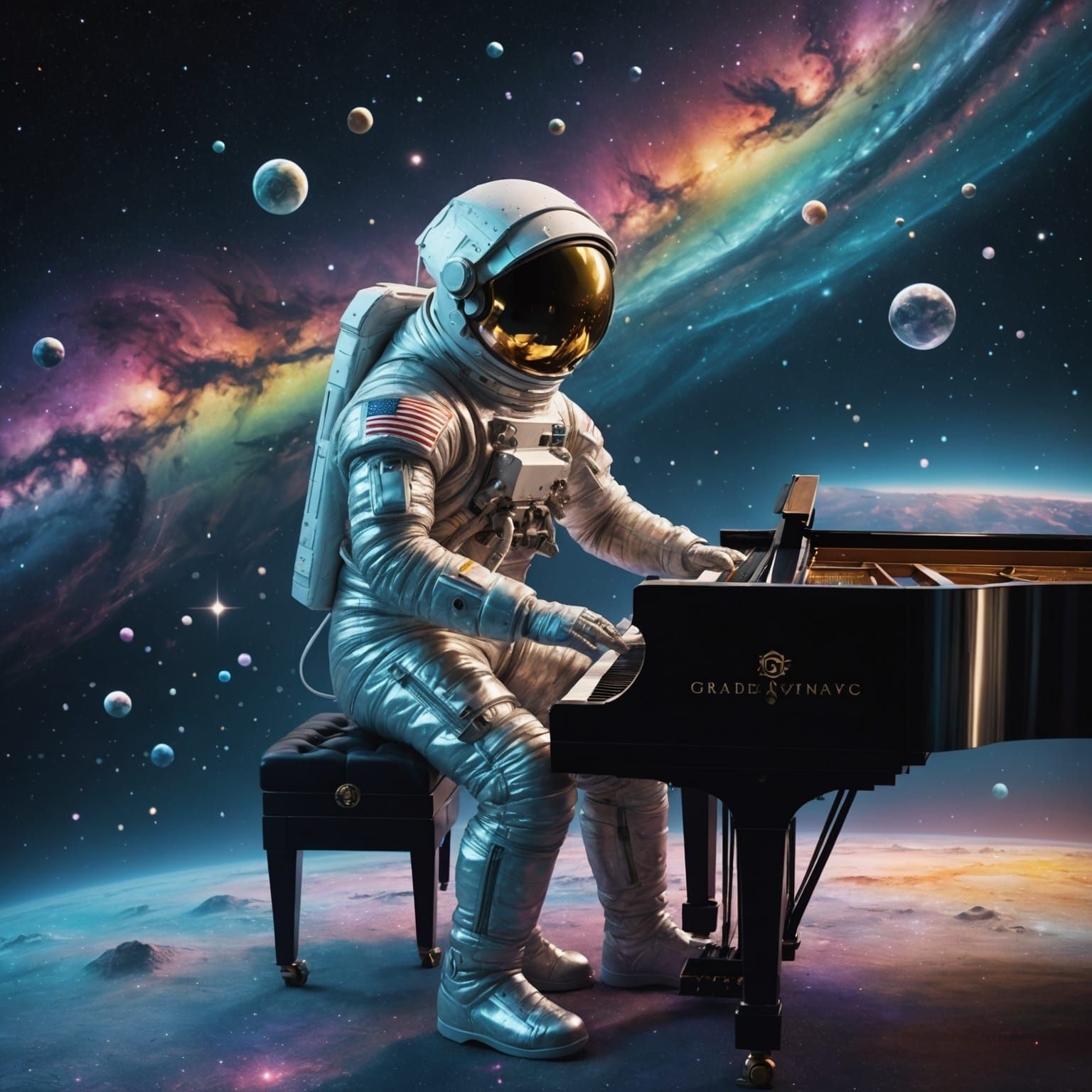 Astronaut's Cosmic Serenade: Iridescent Piano in Zero Gravit...
