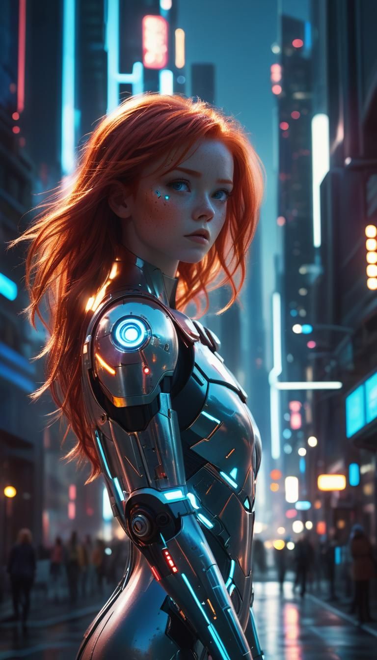 Cybernetic Girl in Futuristic City Concept Art