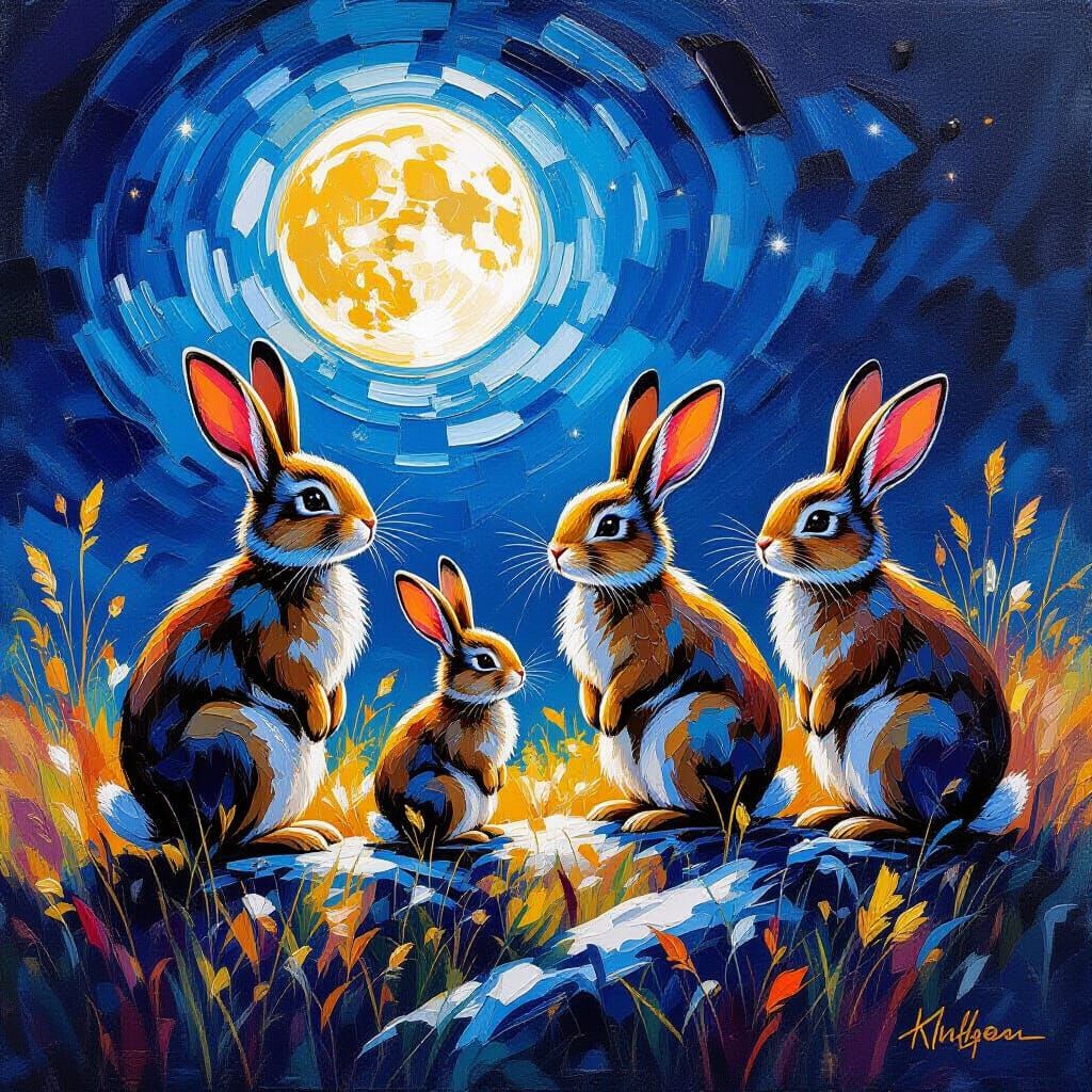 Moonlit Rabbits in Textured Oil Painting Style