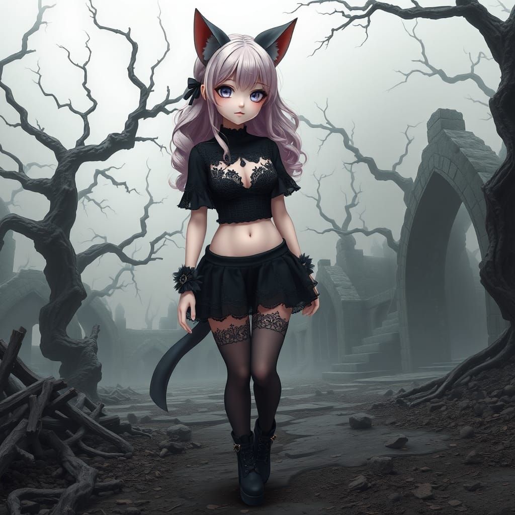 Gothic Anime Cat-Girl in Desolate Underworld Landscape