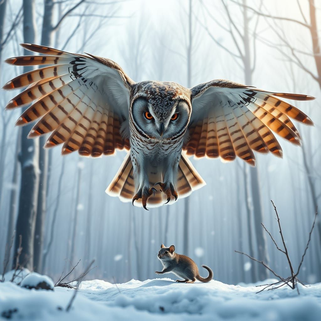 Owl in Mid-Swoop on Snowy Forest Floor