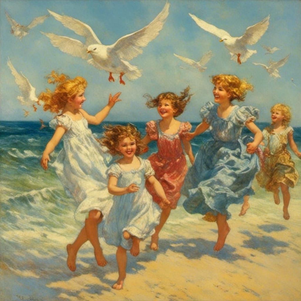 Laughing Girls at Seaside: Impasto Fairytale