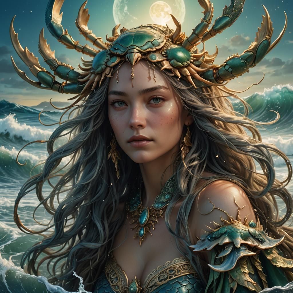 Crab Headdress Woman in Ocean Waves: Fantasy Art