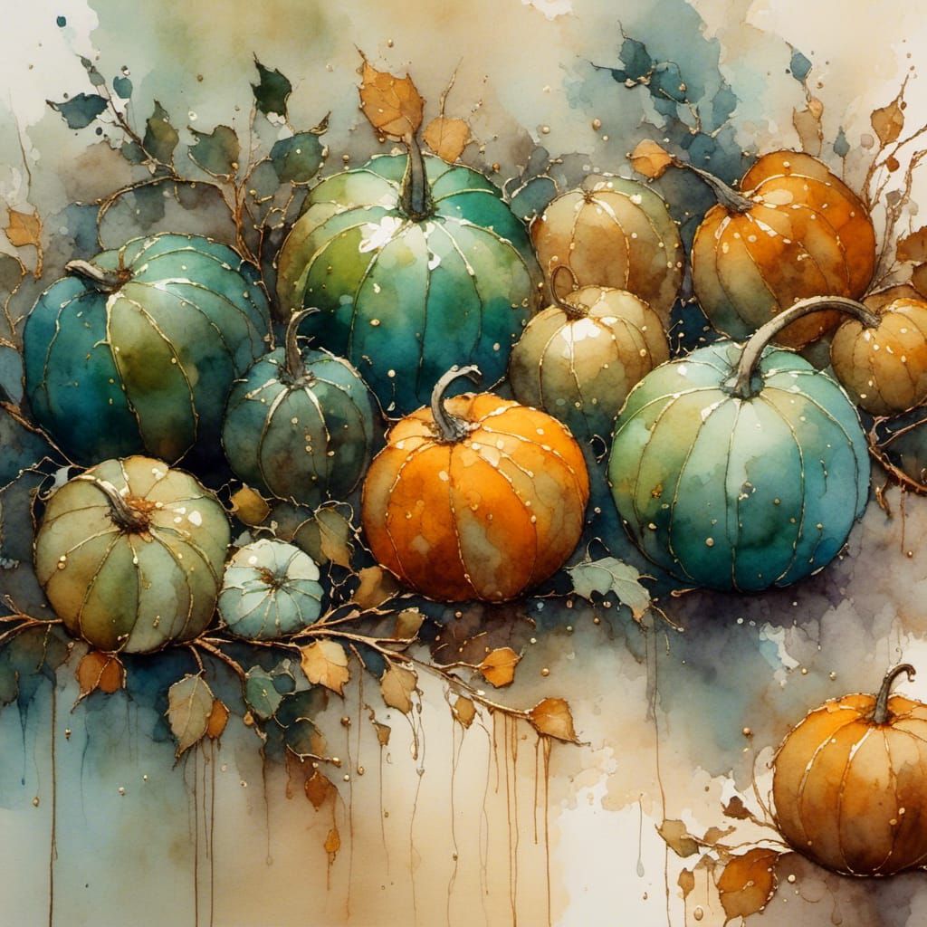 Autumn Gourds and Pumpkins Still Life as Impasto Painting
