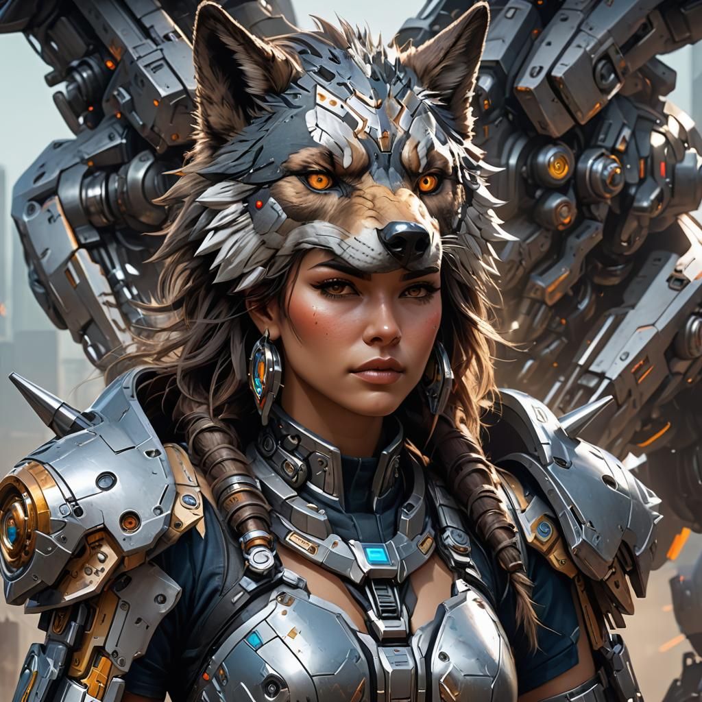 Native American Woman in Wolf Mech Suit Portrait