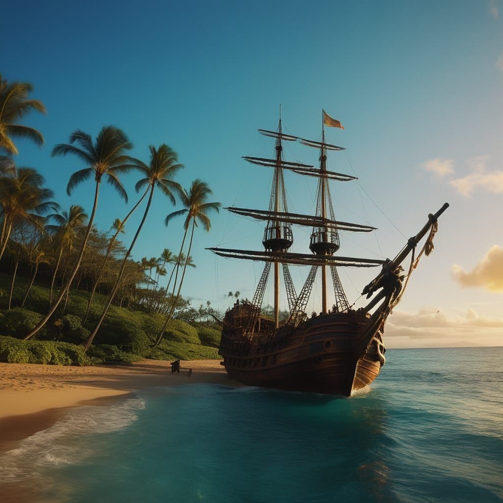 The pirate ship arriving at the shores of Maui. The scene blends the grandeur of the ship with a fantastical, illogical ...