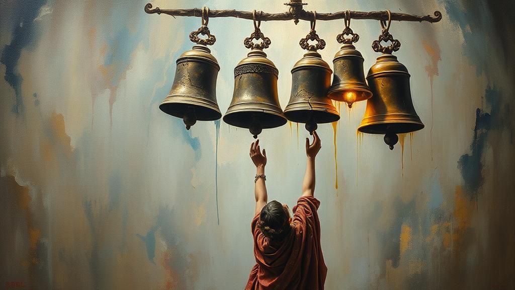 Surreal Figure Ringing Bells in Dreamlike Landscape