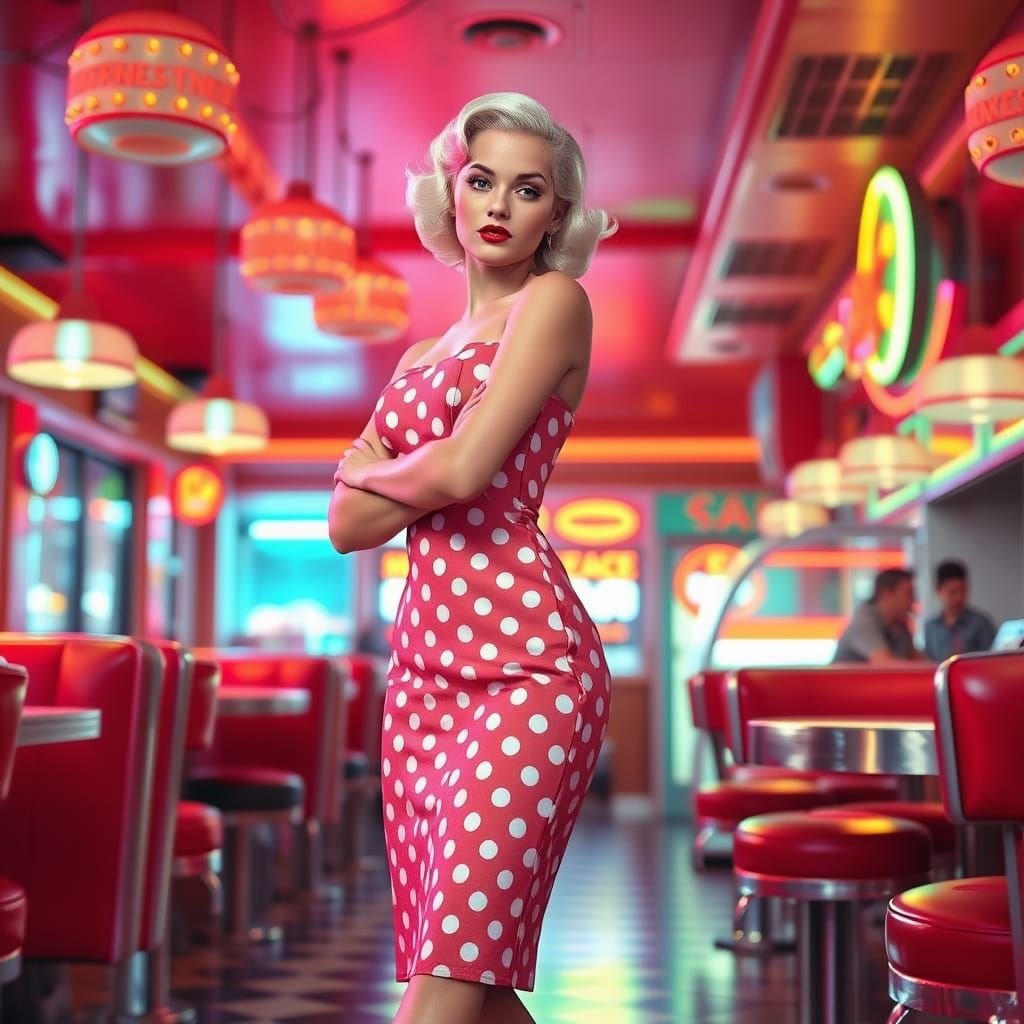 1950s Pin-Up in Retro Diner with Glitch Effects