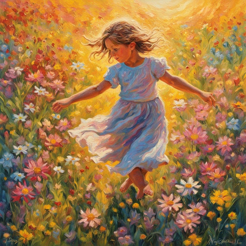 Child Dancing in Sunlit Meadow, Post-Impressionist Style