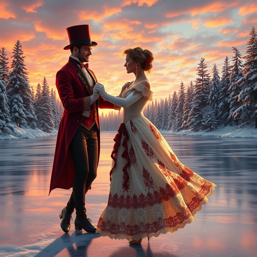 Victorian Couple Dancing on Frozen Lake
