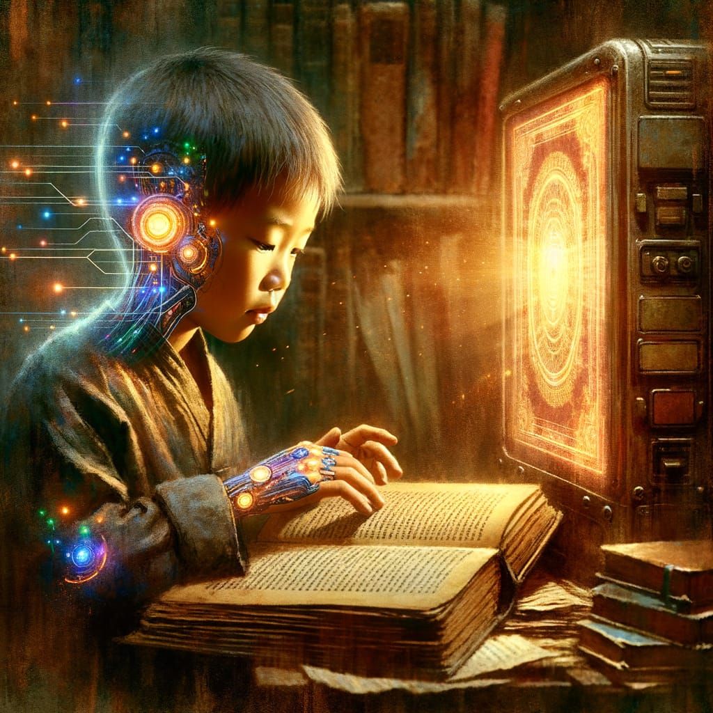 Boy Reads Beside Holographic Display in Watercolor Style