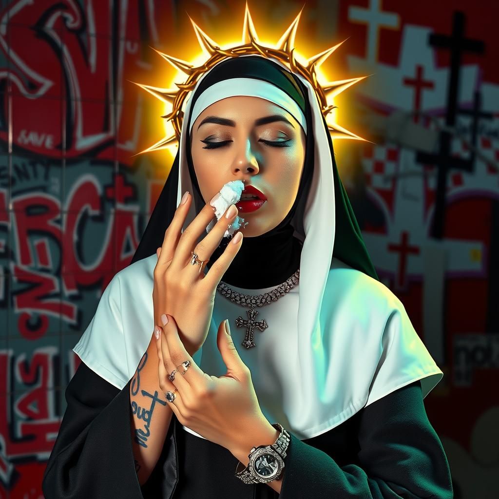 Pop-Surreal Nun with Tattoos in 80s Style
