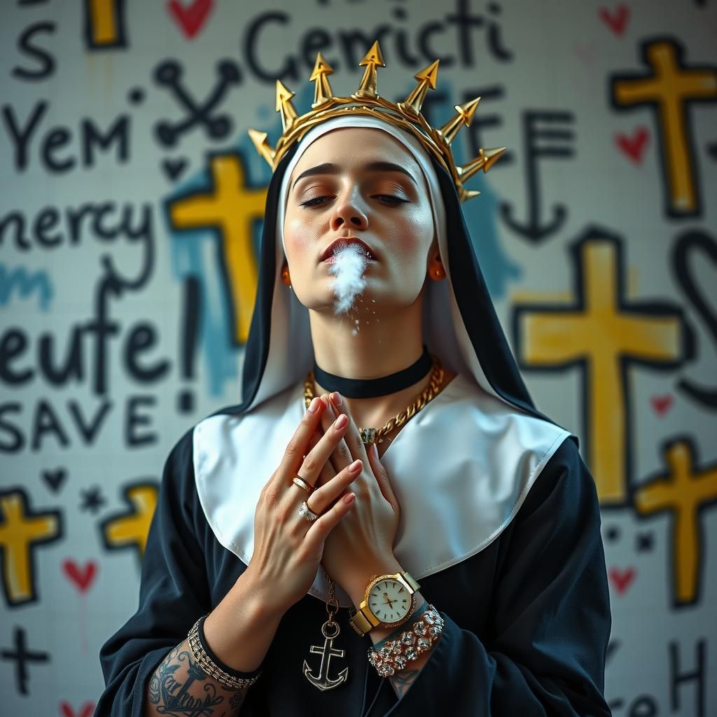 Nun with Tattoos Praying, in Pop-Surrealist Style